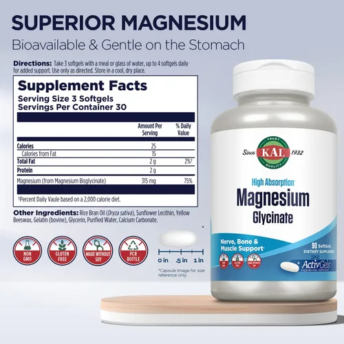 Vista 2 de KAL Glicinato de magnesio ActivGels 315 mg, suplemento de magnesio de alta absorción para apoyo a la salud muscular, nerviosa y ósea, sin OMG, sin