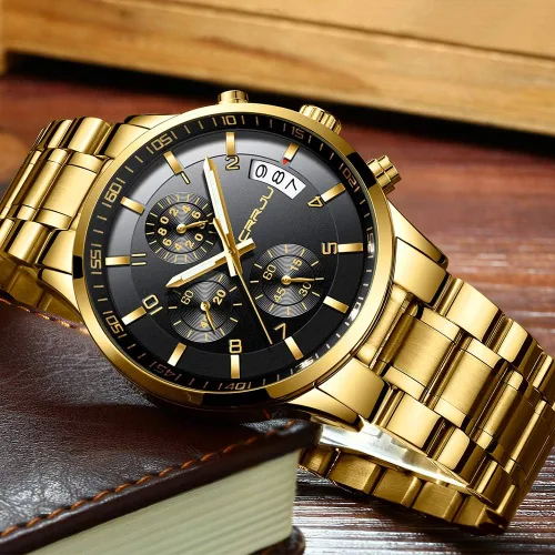 Vista 4 de CRRJU - Reloj de pulsera, de acero inoxidable para hombre, resistente al agua, cronógrafo, correa de acero inoxidable