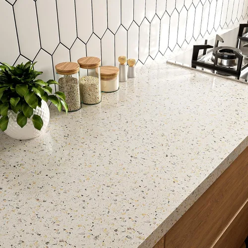 Vista 2 de LACHEERY Papel adhesivo de granito beige para encimeras, papel adhesivo de terrazo beige impermeable, para despegar y pegar, encimeras de granito
