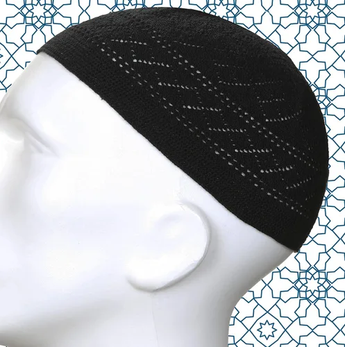 Vista 6 de Alfombra de oración musulmana con cuentas de oración, sombrero kufi para hombres y mujeres, 100% transpirable, gorro de calavera negra, tapete