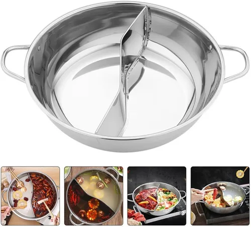 Vista 7 de Sartén antiadherente Olla caliente de doble sabor con divisor de acero inoxidable olla caliente de doble cara para estufa de inducción estufa de gas