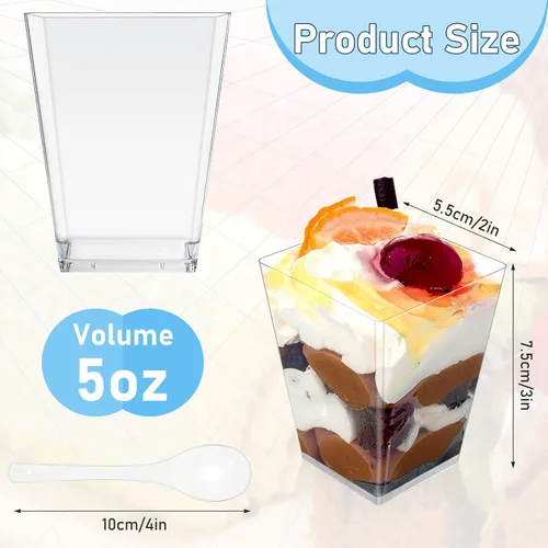 Vista 2 de Paquete de 100 tazas de postre con cucharas, vasos de postre de plástico, 5 onzas, cuadrado transparente