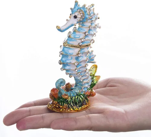 Vista 4 de YU FENG Caja de baratijas de caballito de mar con bisagras y figura de león de cristal coleccionable