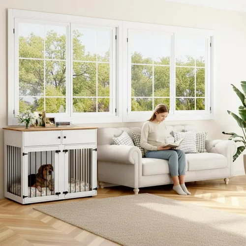 Vista 3 de Perrera de madera para perros de 41 pulgadas, muebles para perros con muebles estilo jaulas y mesa para perros medianos, divisor extraíble, puertas