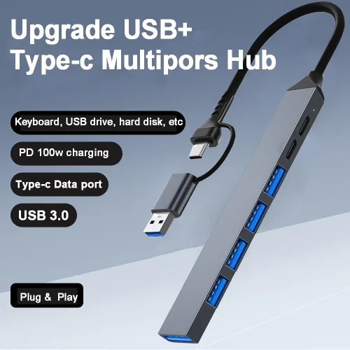 Vista 3 de Concentrador USB multipuerto USB-C, multipuerto de aleación de aluminio con 5 puertos USB, 2 puertos USB-C, para MacBook Pro Air, para iPad Pro