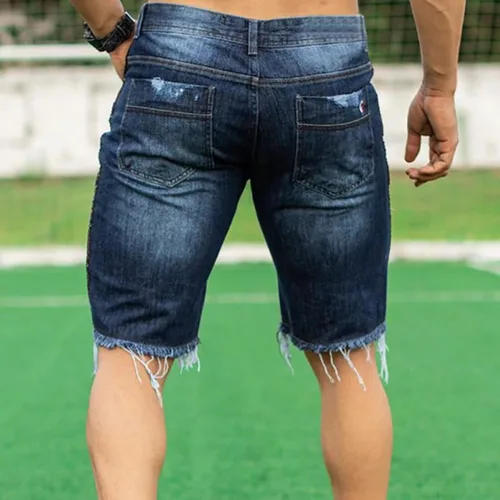 Vista 4 de Pantalones de mezclilla rasgados para hombre, elásticos, lavados, corte clásico, pantalones cortos de mezclilla casuales