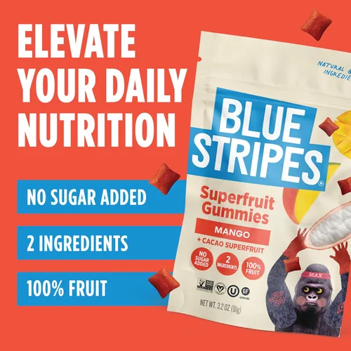 Vista 3 de Blue Stripes Cacao Superfruit Gummies - Vegan Chewy Fruity Snack, No Sugar Added 100% Fruit Gummy, 9 Essential Vitamins & Minerals, Natural Tropical