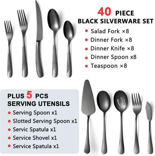 Vista 3 de Juego de cubiertos de acero inoxidable de 45 piezas para 8 personas con utensilios para servir, incluye tenedor, cuchillo, cuchara, cubiertos