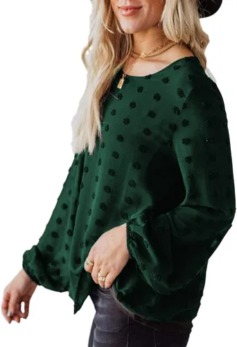 Vista 3 de Blusa de gasa para mujer, diseño de lunares suizos, casual, cuello redondo, manga larga, pompones, espalda con abertura de cerradura