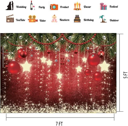 Vista 5 de CHAIYA Telón de fondo de Navidad de 7 x 5 pies, bola roja, decoraciones de fiesta de Navidad para la familia, vacaciones, Año Nuevo, telón de fondo
