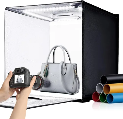 Vista 8 de Caja de Luz Portátil y Softbox, Carpa de Fotografía Profesional de 16"x16" con 120 Luces LED, Caja de Luz para Estudio Fotográfico con 6 Fondos