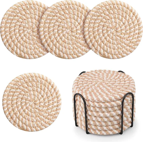 Vista 6 de Posavasos tejidos de algodón con soporte, juego de 8 posavasos absorbentes para protección de mesa, decoración del hogar, gafas, tazas, bar, regalo