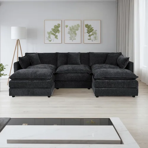 Vista 14 de Setawix Sofá Profundo de 3 Plazas con Otomana, Sofás de Nube en Forma de L de 112.2" para Sala de Estar, Sofá de Nube de Chenilla con Asiento Café