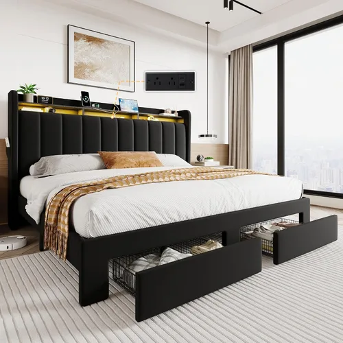 Vista 17 de SHA CERLIN Base de cama de plataforma de tamaño matrimonial con cabecera de canal vertical copetuda y 2 cajones de almacenamiento, estantes de 2