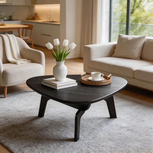 Vista 7 de Ahokua Mesa de centro orgánica moderna, mesa de centro triangular escultural con bordes curvos, mesa central de madera de perfil bajo para sala