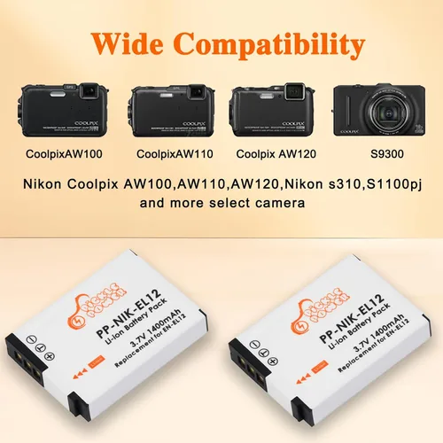 Vista 2 de Batería EN-EL12 y cargador LED compatible con Nikon Coolpix A1000 B600 W300 A900 AW100 AW110 AW120 AW130 S6300 S8100 S8200 S9050 S9200 S9300 S9400