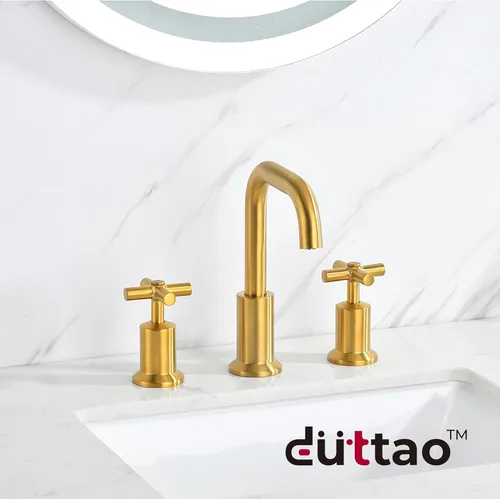 Vista 2 de Grifo de baño generalizado de dos manijas, grifos de baño para fregadero de 3 agujeros con drenaje emergente push up, 2 manijas, grifo de fregadero
