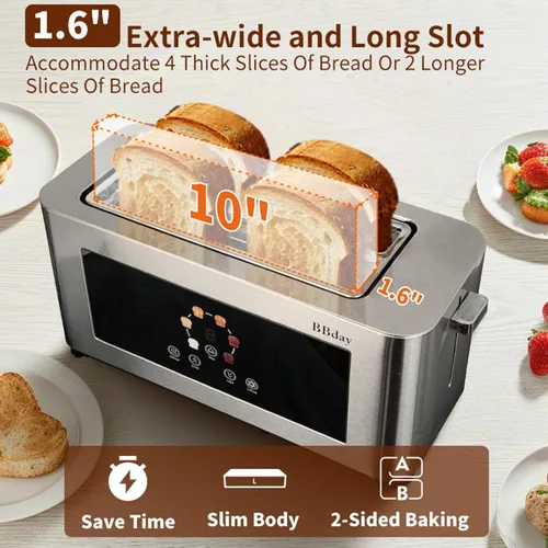 Vista 3 de Tostadora Inteligente con Pantalla Táctil de 4 Rebanadas, Pantalla LCD, Tostadora de Ranura Larga de 1.6", con 6 Configuraciones de Tostado