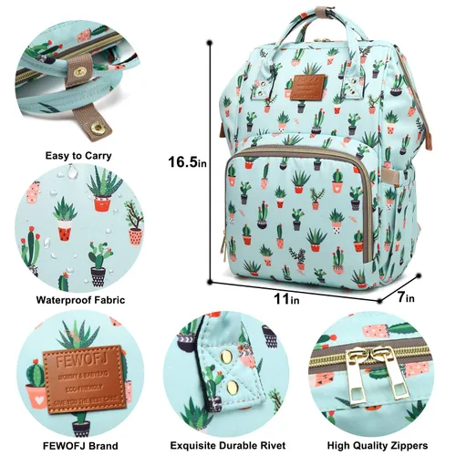 Vista 7 de Mochila para pañales de cactus, bolsa de pañales de viaje impermeable para el cuidado del bebé