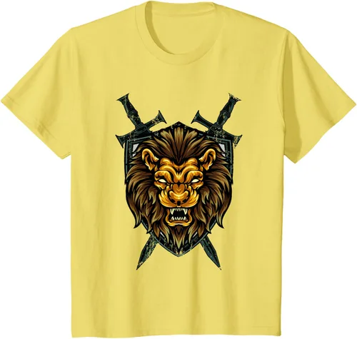 Vista 81 de Camiseta con diseño de caballero medieval renacentista, con diseño de espada de león, Negro, S