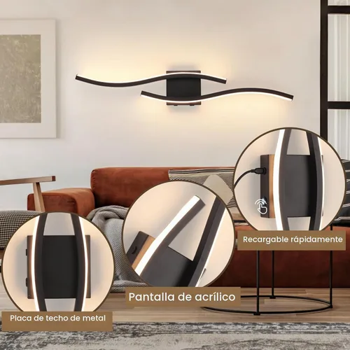Vista 6 de Apliques de pared a pilas, apliques de pared recargables, luz LED inalámbrica de 3000 K-6500 K, lámpara de pared moderna no cableada para sala