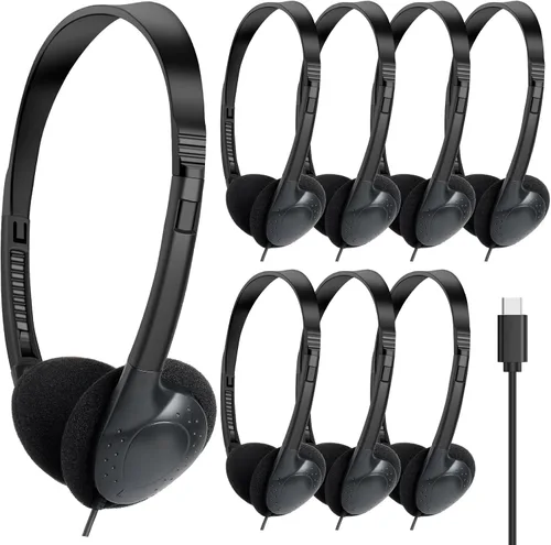 Vista 13 de Paquete de 10 auriculares USB tipo C a granel para el aula, niños y escuelas, con cable