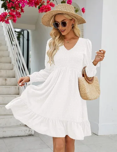 Vista 5 de Shermia Vestido de manga larga con cuello en V para mujer, vestidos fruncidos de gasa, mini vestido babydoll con bolsillos