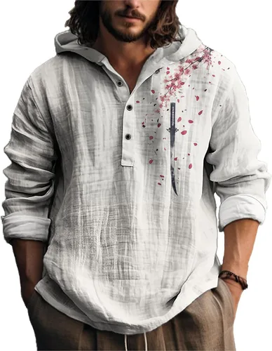 Vista 24 de MARSVOVO Camisa con capucha para hombre, vintage, retro, de 3 botones, manga larga, ligera, ligera, a la moda, casual, para uso diario, primavera