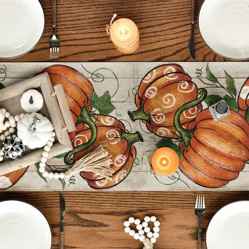 Vista 7 de Artoid Mode Camino de mesa de otoño de madera de vid de 210 GSM, diseño de lunares, decoración de mesa de comedor de cocina de otoño para decoración