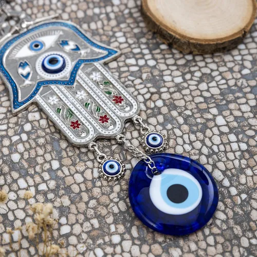 Vista 5 de Adorno colgante de pared de mano de madre Hamsa azul turco de Fátima contra el mal de ojo, amuleto de cuentas de nazar turco, regalo de amuleto