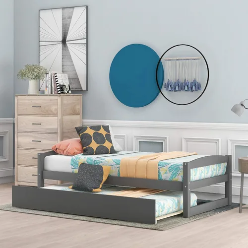 Vista 11 de Merax Cama clásica de día de madera maciza con cajones de almacenamiento, cama de plataforma para sala de estar, tamaño individual, gris