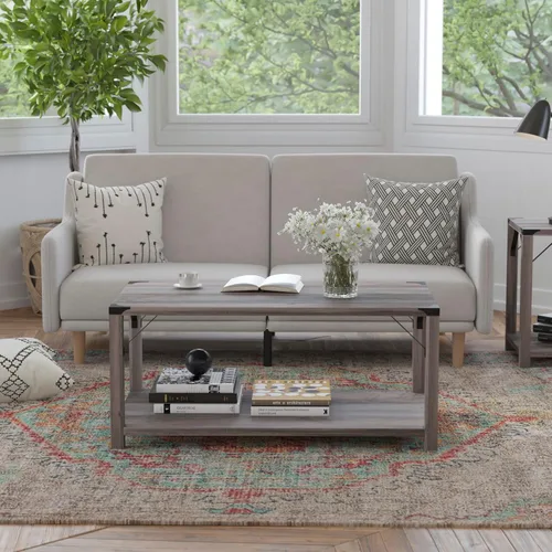 Vista 11 de BizChair Modern Farmhouse - Mesa auxiliar de 2 niveles, marco de madera de ingeniería gris Aspen, soportes laterales entrecruzados de metal negro