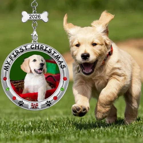 Vista 4 de My First Christmas - Adorno personalizado para foto de perro – 2025 con fecha – Adorno personalizado para cachorro – Joyas, dije de hueso fechado
