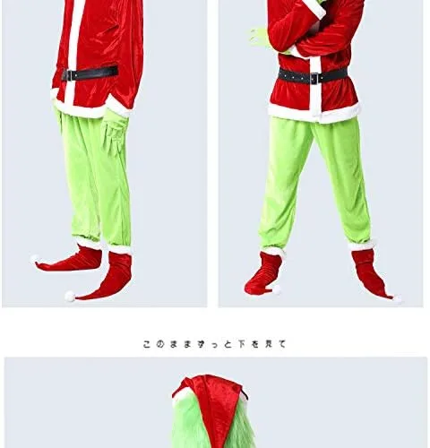 Vista 5 de Tempura Navidad Santa Claus Cosplay trajes rojo Santa cremallera abrigo+pantalones+sombrero+cinturón+barba+zapatos