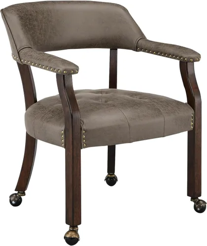 Vista 14 de Sillas de comedor con ruedas y brazo, sillas de capitán Caster Boss con patas de madera maciza, sillas de escritorio de oficina con botón tapizado