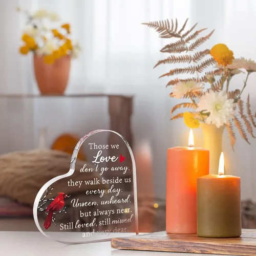 Vista 4 de Regalos conmemorativos por la pérdida del padre o la madre, corazón acrílico conmemorativo de cardenal rojo para duelo, regalos de condolencia