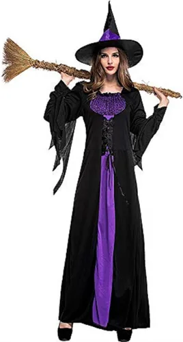 Vista 3 de Colorful House Disfraz de bruja malvada para mujer, vestido clásico de hechicera largo morado