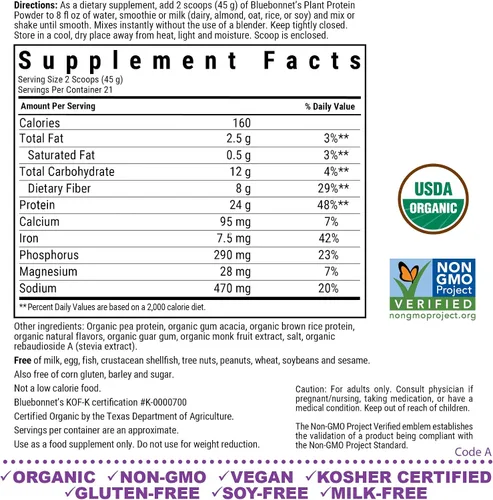 Vista 2 de BlueBonnet Nutrition - Proteína vegetal orgánica en polvo, 0.94 onzas de proteína vegetal, cero azúcar, 0.28 oz de fibra, USDA orgánico, sin OMG