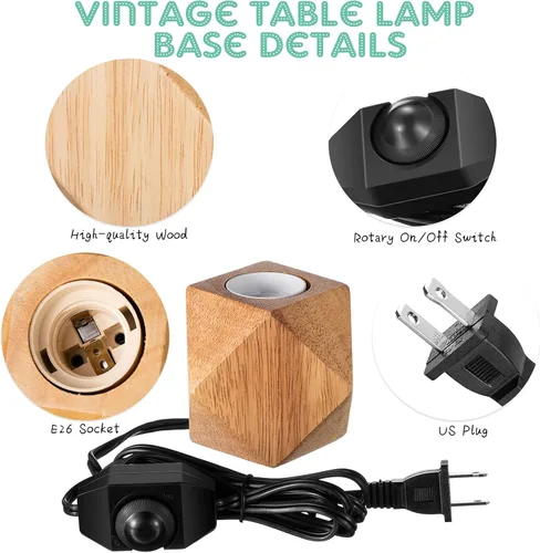 Vista 3 de Riakrum 2 piezas de base de lámpara de madera industrial E26/E27 lámpara de escritorio vintage con interruptor enchufe de madera pequeña base