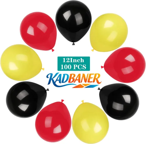 Vista 2 de KADBANER Globos de látex rojo, amarillo y negro, paquete de 100 unidades de 12 pulgadas para bodas, fiestas de cumpleaños, baby shower
