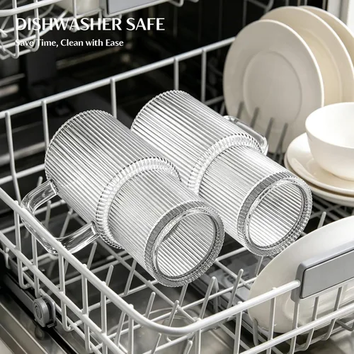 Vista 9 de INSETLAN Vaso de vidrio acanalado de 24 onzas con asa y tapa, paquete de 2 tazas grandes para café helado con pajitas, taza de vidrio moderna