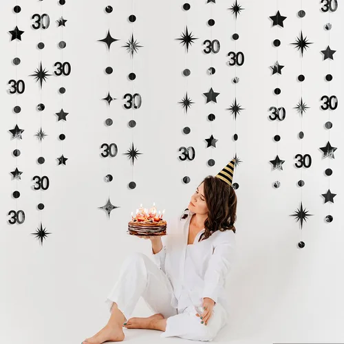 Vista 4 de Decoraciones negras de 30 cumpleaños número 30 círculo punto brillante guirnalda metálica colgante serpentina banderín banner telón de fondo
