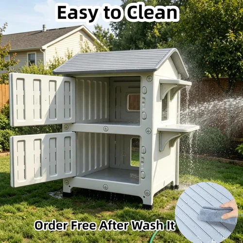 Vista 4 de Casa para gatos al aire libre, casas de 2 pisos al aire libre para gatos salvajes, refugio exterior de plástico, resistente a la intemperie
