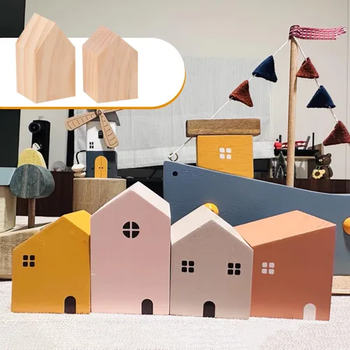 Vista 4 de 42 bloques de madera sin terminar en forma de casa, casas de madera para manualidades, bloques de madera con forma de flecha para bricolaje, estante