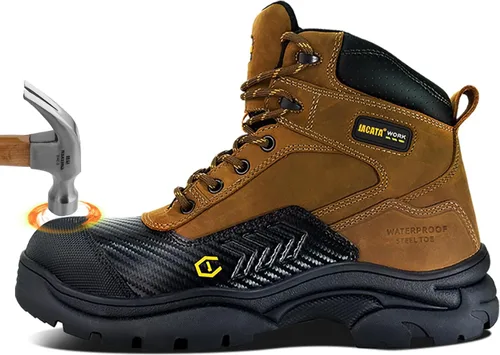 Vista 8 de Jacata Waterproof Leather Soft/Steel Toe Work Boots For Men,Heavy Duty 6Inch Oil/Slip Resistant Rubber Outsole Comfortable Construction Industrial