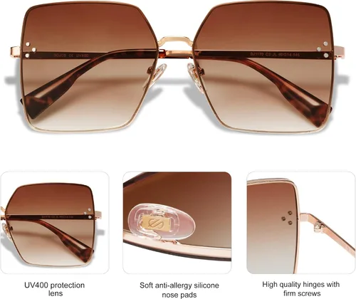 Vista 5 de SOJOS Gafas de sol cuadradas de moda para mujer, gran tamaño, estilo de diseñador, protección UV, SJ1170