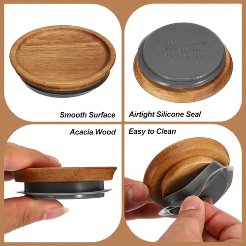 Vista 3 de PATIKIL Tapas para tarros de conservas de madera de boca regular, tapas de tarro de conserva, tapas de madera de bambú con bola hermética