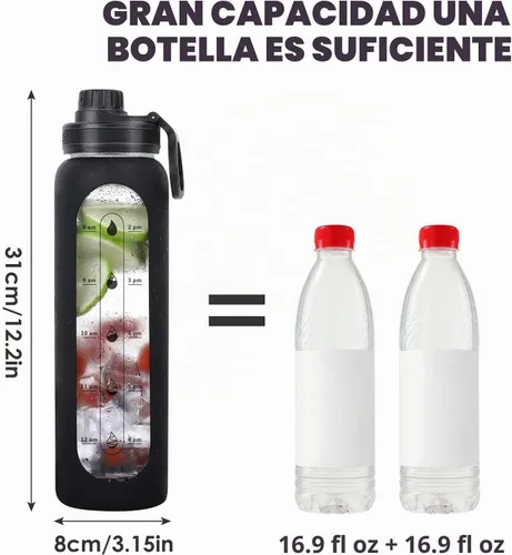 Vista 5 de Botellas de agua de vidrio de 32 onzas con funda de silicona, botellas de hidratación reutilizables de borosilicato de boca ancha, botella de agua