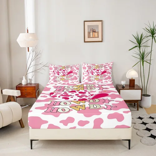Vista 5 de Western Cowgirls - Juego de sábanas para niños, tamaño individual, con estampado de piel de vaca rosa, decoración de habitación de niños y adultos