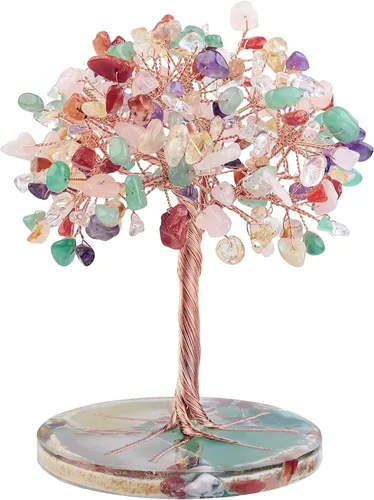 Vista 8 de Nupuyai Árbol de dinero de piedra de cristal aguamarina envuelto en rodajas redondas de ágata orgónica, árbol de la vida, bonsái de Feng Shui